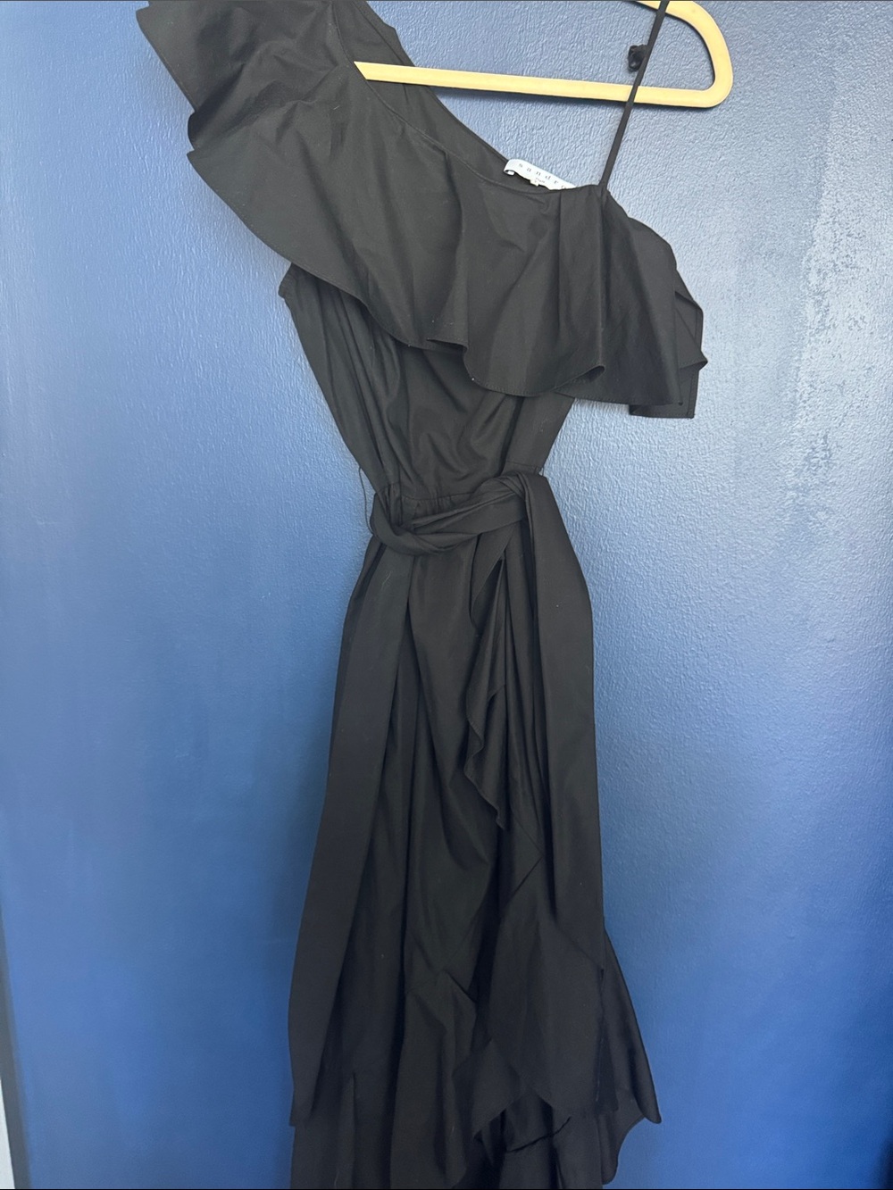 Sandro - One-Shoulder Black Ruffle Maxi Dress